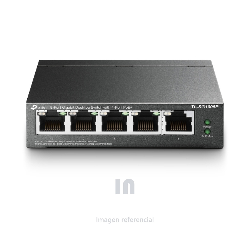 Switch Tp-link (TL-SG1005P) no administrable de 5 puertos RJ45 de 10/100/1000 Mbps Gigabit, con 4 puertos PoE , transfiere datos y energía en un solo cable.