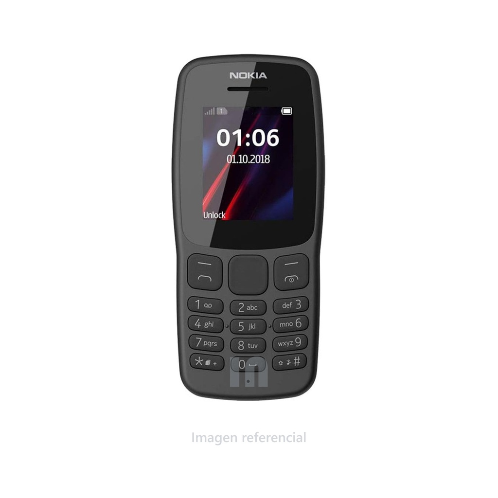 Celular básico Nokia 106 TA-1190, procesador mediatek MT6261D, memoria RAM de 4MB, almacenamiento de 4MB, pantalla de 1.77 pulg, radio FM, linterna, batería de 800 mah, color negro.
