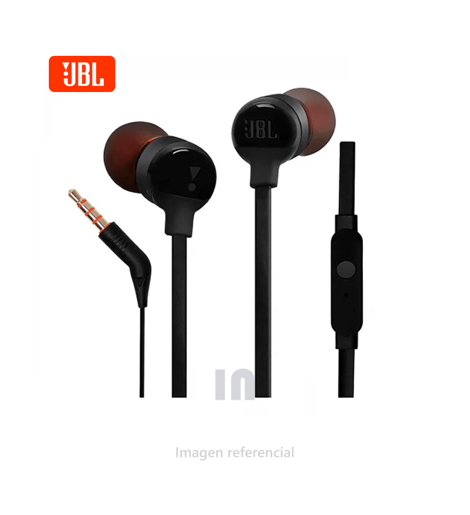 AURICULAR JBL TUNE 110 HARMAN, CON MICRÓFONO, PURO BASS, CABLE PLANO ANTIENRREDO, NEGRO.