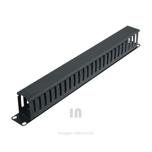 Ordenador de Cables Horizontal Frontal 1 RU para rack estándar de 19 pulg, Estructura en acero laminado al frío calibre 1.2mm, negro, Ducto y Tapa en PVC de alta resistencia 1 RU.