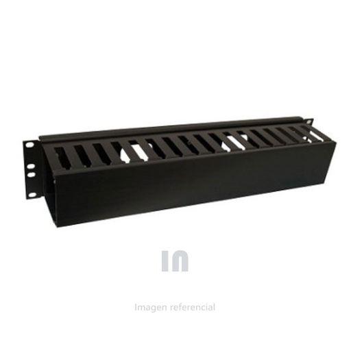 Ordenador de Cables Horizontal Frontal 2 RU para rack estándar de 19 pulg, Estructura en acero laminado al frío calibre 1.2mm, negro, Ducto y Tapa en PVC de alta resistencia 2 RU.