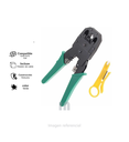 Alicate crimping tool profesional (WJ-315(V)) para rj45, rj11 y rj9 verde y pelador de cable accesorio amarillo adjunto.