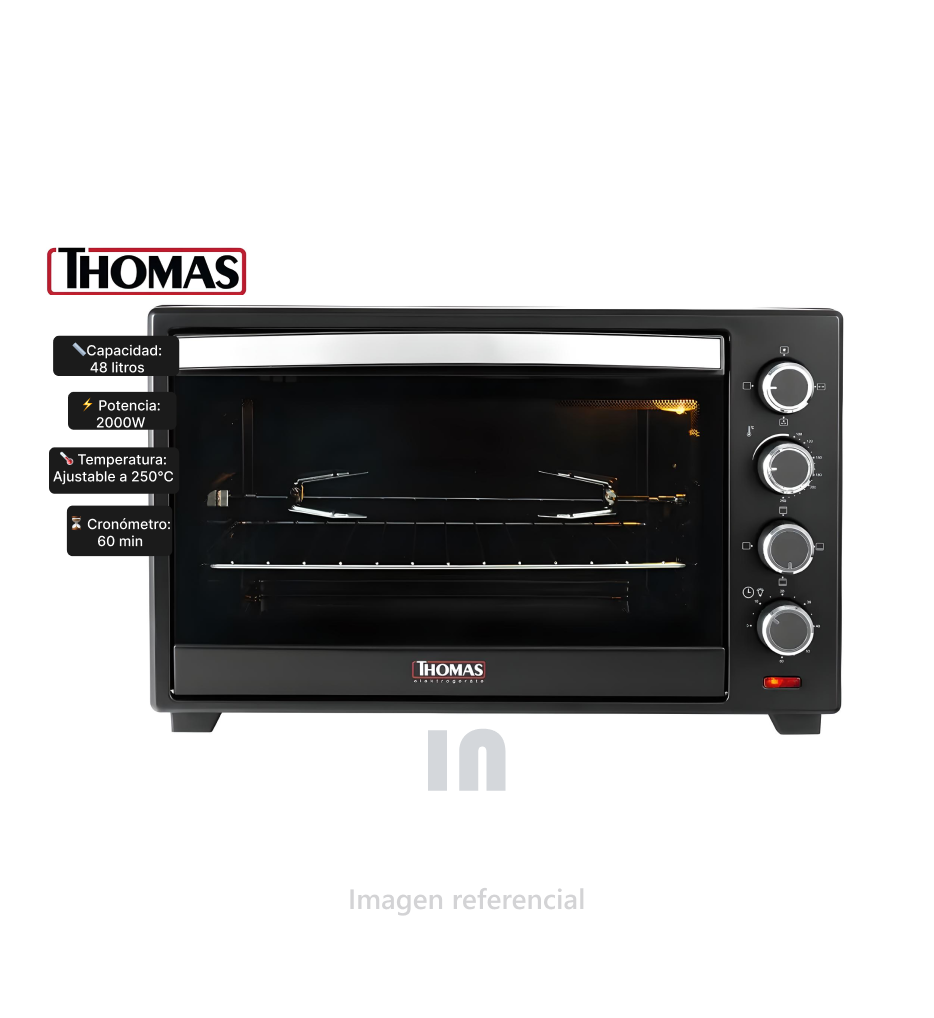 Horno Eléctrico Thomas TH-48N, 48L, 2000W, Spiedo Giratorio, Control de Temperatura