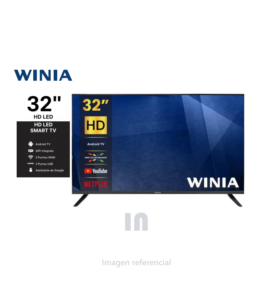Televisor winia led hd 32 pulg, smart tv l32b900bqs android tv, puertos hdmi 3, usb 2, negro.