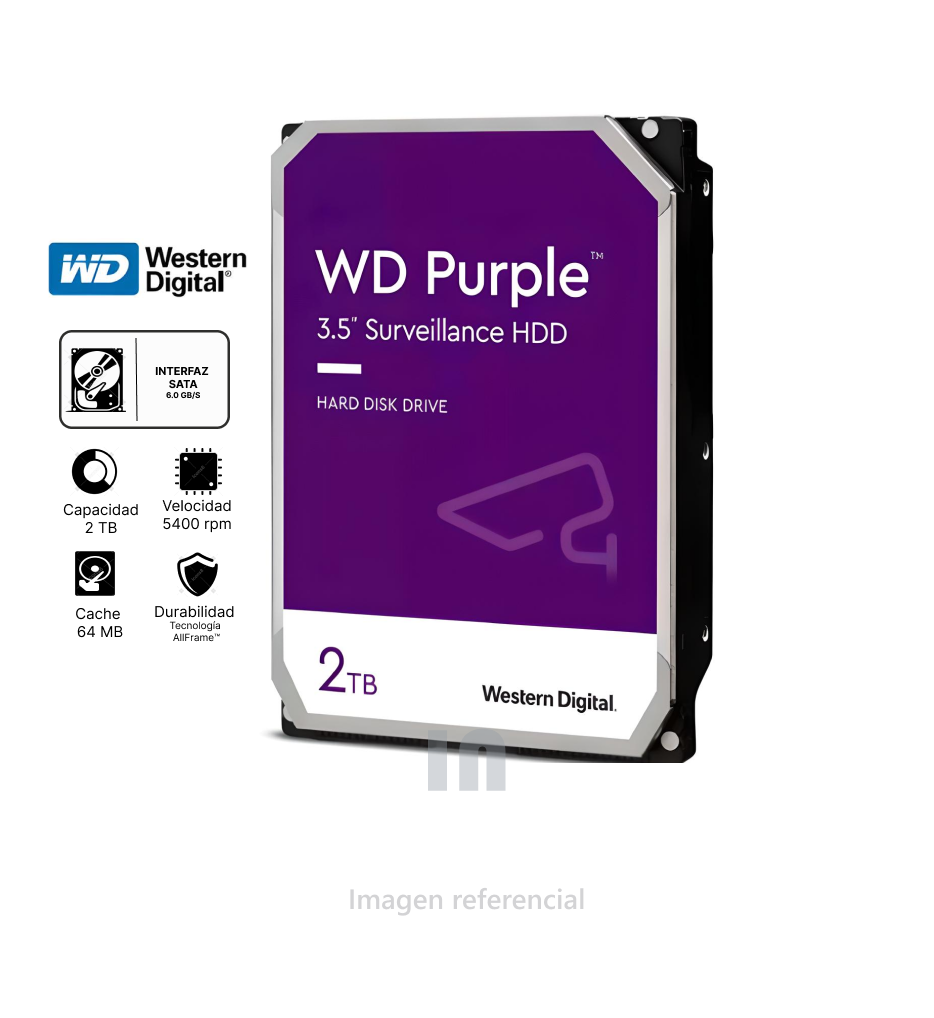 Disco duro Western Digital WD Purple, 2TB, SATA 6.0 Gb/s, 64MB Cache, 5400 rpm, 3.5 pulg.