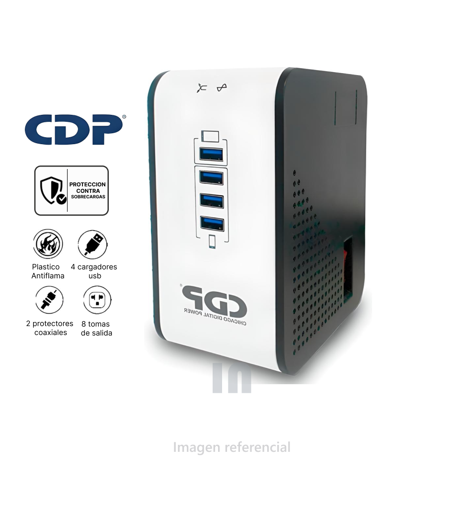Estabilizador cdp r2cu-avr1008i 1000va - 500w, 8 tomas, 4 usb, blanco y negro.
